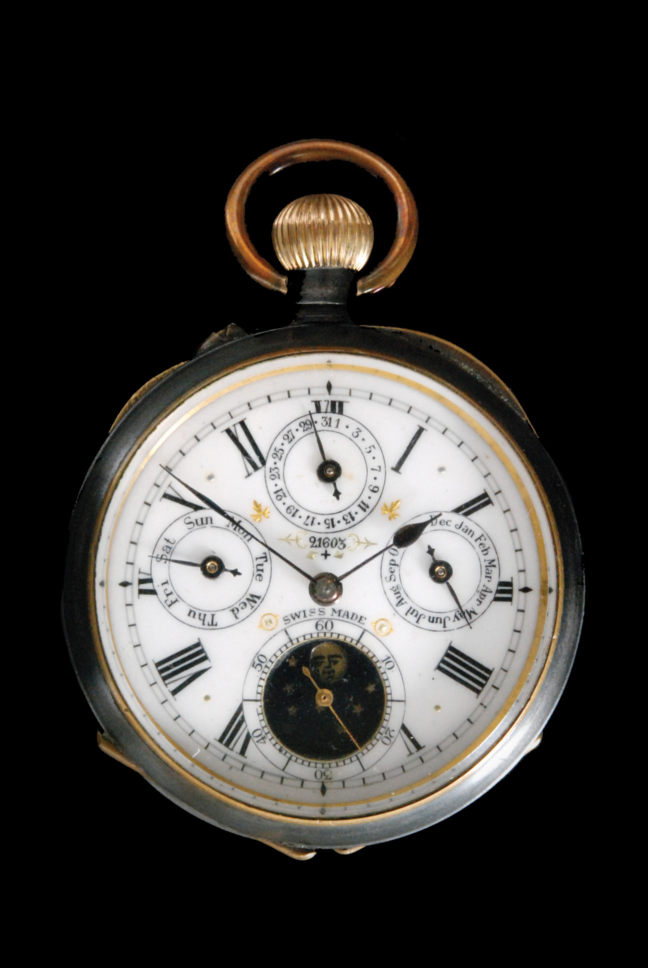 An early 20th Century gun metal Swiss open faced, crown wind, calendar pocket watch, - Image 2 of 2