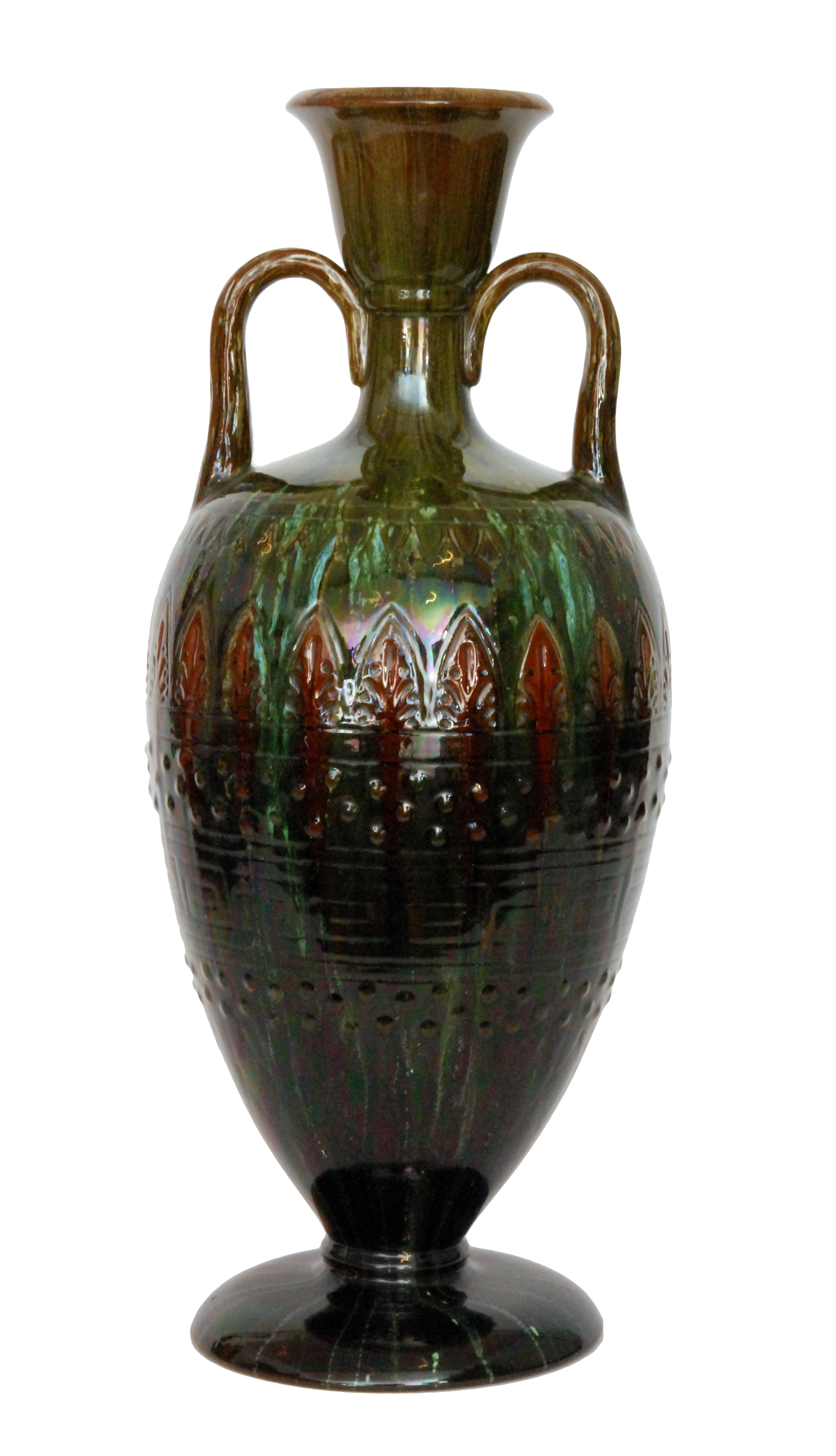 Christopher Dresser - Linthorpe - A large twin handled vase decorated to the body with incised