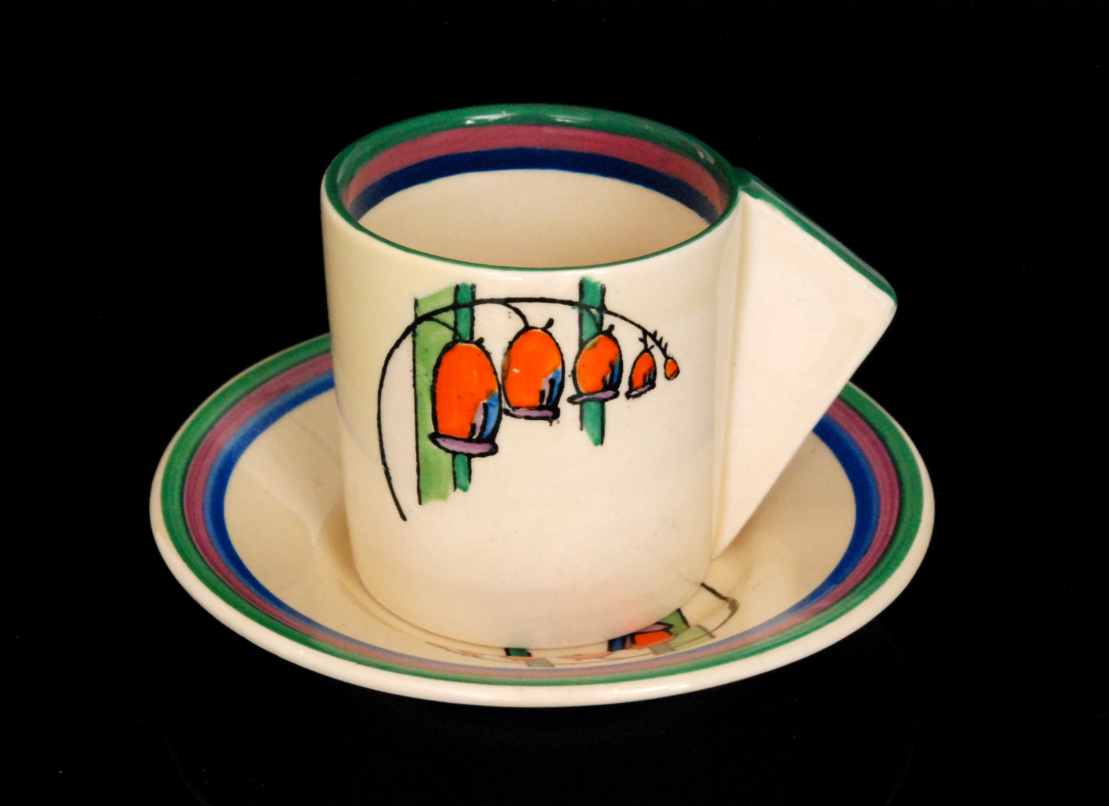 Clarice Cliff - Solomons Seal - A Conical shape coffee can and saucer circa 1930 transfer printed