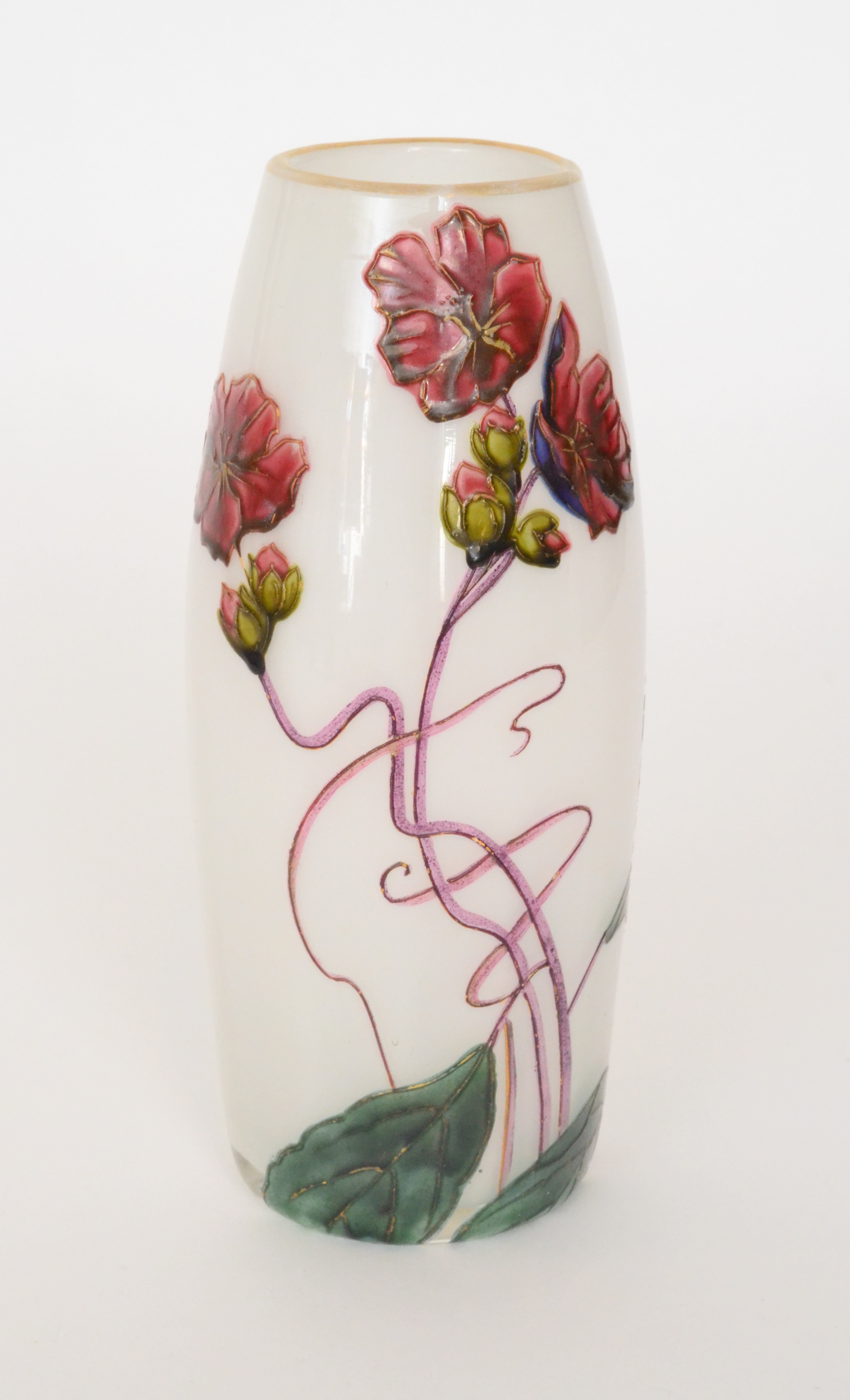 Mont Joye & Cie - A late 19th Century cased opal glass vase of swollen cylindrical form,