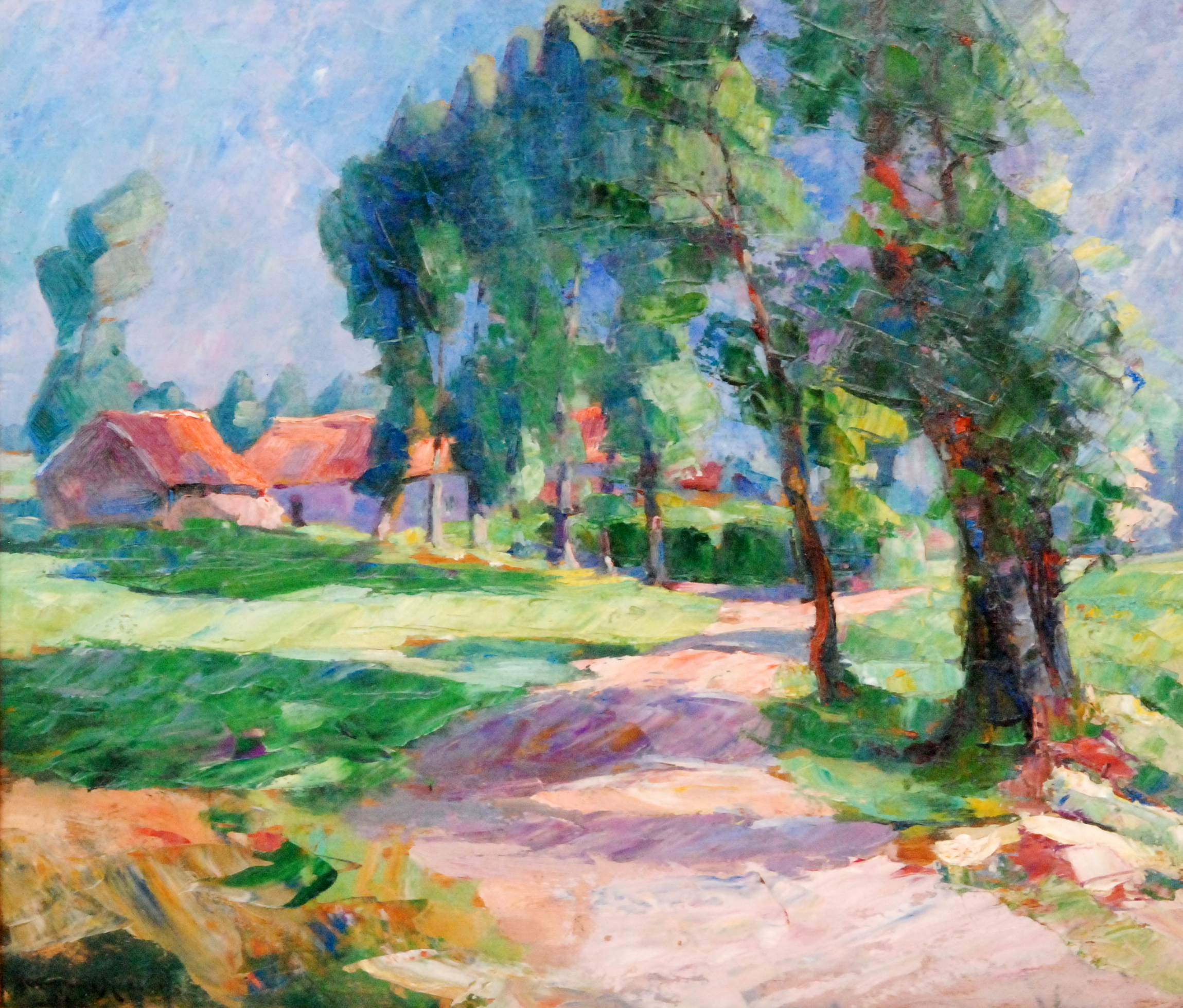 Jaques Hervens (Belgian 1890-1928) - A sunlit lane, oil on board, signed and dated '04, framed,