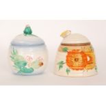 A Clarice Cliff Beehive honey pot circa 1937 hand painted in the Morning Dew pattern with stylised