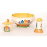 A Clarice Cliff Ivor bowl of footed octagonal form hand painted in the Crocus pattern with sprays