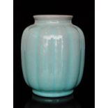 A Royal Lancastrian vase of gourd form decorated in an all over ice blue glaze to a lobed body,