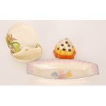 A small collection of Clarice Cliff to comprise a banded flower frog, twin bon bon dish,