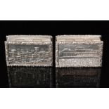 Two modern hallmarked silver castle top pill boxes, each of rectangular outline,