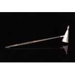 A modern hallmarked silver candle snuffer of plain conical form terminating in flame finial and