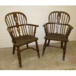 2 double bow Windsor armchairs, 1 with crinoline stretcher