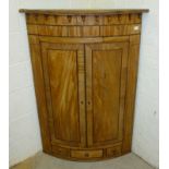 Bow fronted and inlaid corner cupboard with 3 fitted drawers and 3 shelves 51” h