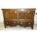 Mid C18th Welsh coffer with 3 lower drawers and 4 arched panels 58” x 20” x 40”