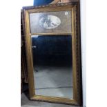 Gilt Frd late Victorian bevel edged mirror with illustrated upper panel 28” x 49”