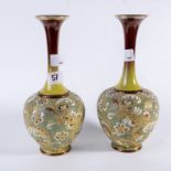 Pair of Doulton Lambeth long neck ovoid bodied vases having incised and gilded decoration and having