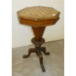 Octagonal topped fitted sewing table with checker board inlay and carved pedestal