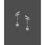 A Pair Of Platinum, Diamond And South Sea Cultured Pearl Ear Pendants Each designed as a scroll