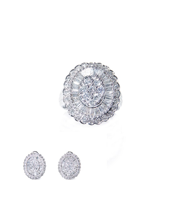 A Diamond Set Comprising a pair of ear clips and a ring of oval form, entirely set with baguette-cut