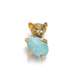 A Sweet Kitten Brooch, by CARTIER Designed as a chiseled little cat, holding a large oval-shape