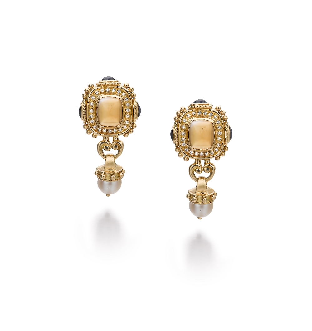 A Pair Of Citrine, Diamonds, Sapphire And Cultured Pearl Ear Pendants Each centering upon a sugar-