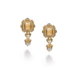 A Pair Of Citrine, Diamonds, Sapphire And Cultured Pearl Ear Pendants Each centering upon a sugar-