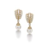 A Pair Of Diamond And Cultured Pearl Ear Pendants Each designed as lines of circular and baguette-