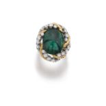 An Emerald And Diamond Ring, by VAN CLEEF & ARPELS Set with a central cabochon-cut emerald, within