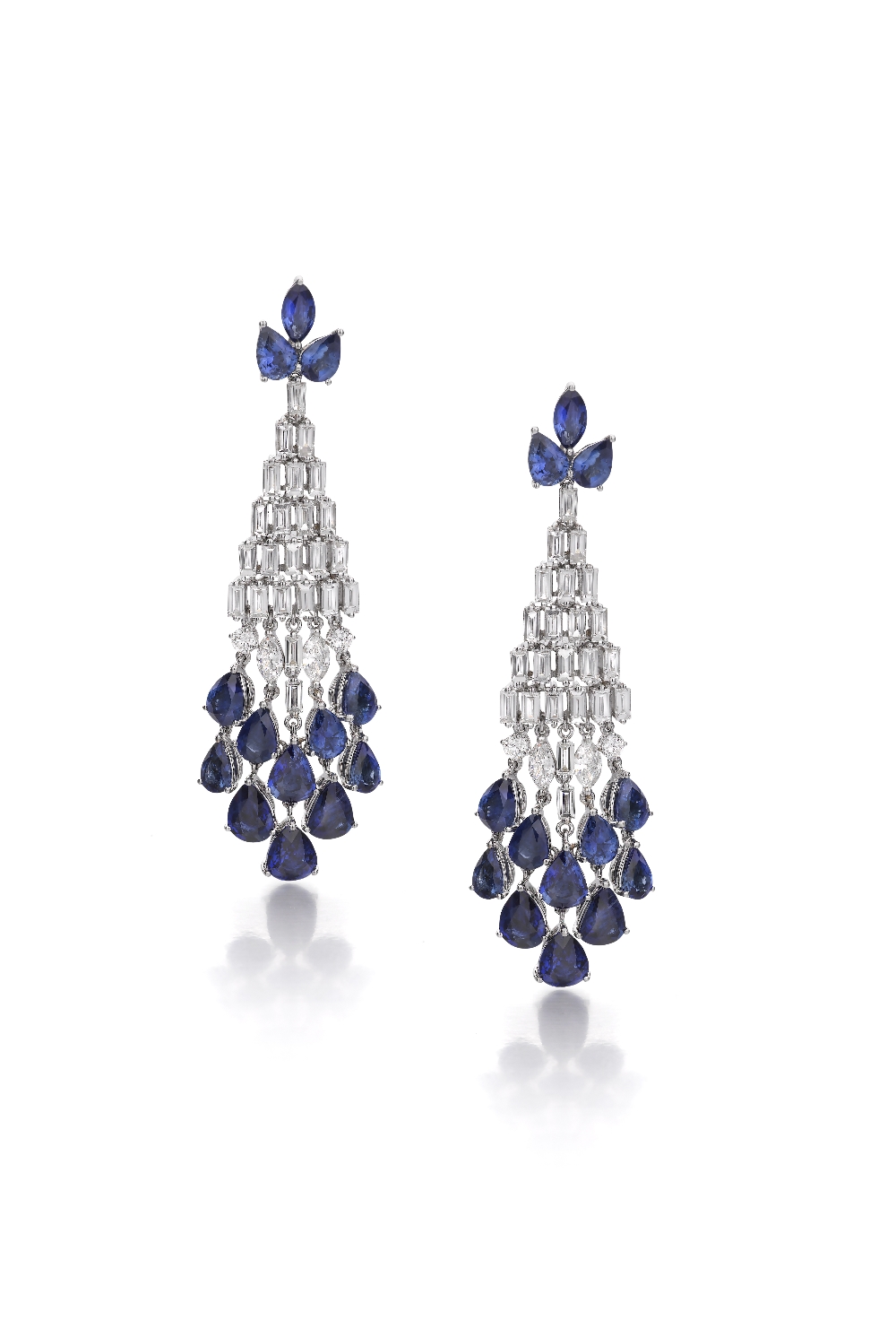 A Pair Of Sapphire And Diamond Ear Pendants, by PIRANESI Each designed as a pear-shaped sapphire and