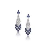 A Pair Of Sapphire And Diamond Ear Pendants, by PIRANESI Each designed as a pear-shaped sapphire and