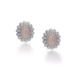 A Pair Of Pink Quartz And Diamond Earrings Each centering upon a cabochon of milky pink quartz,