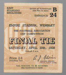 FA Cup Final Football Ticket: Huddersfield Town v Preston North End April 30th 1938 (1) Very Good