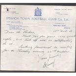 Signed Football Letter: Ipswich Town headed letter dated 15th October 1956 discussing a kick off