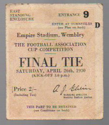 FA Cup Final Football Ticket: Arsenal v Huddersfield Town April 26th 1930. Cream ticket with light