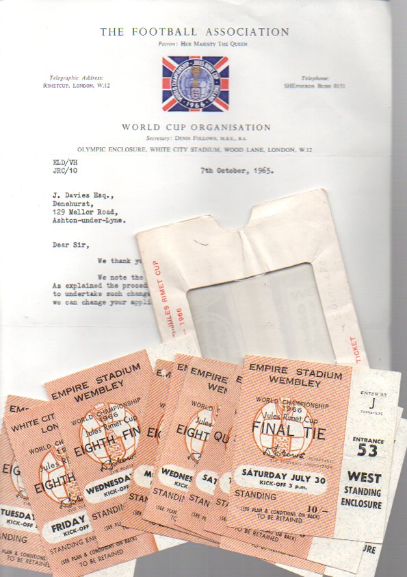 World Cup 1966 Football Tickets: A set of all 10 Wembley / White City tickets sold with official