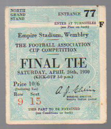 FA Cup Final Football Ticket: Arsenal v Huddersfield Town April 26th 1930. Blue ticket, very faint