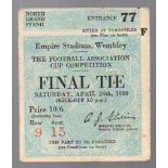 FA Cup Final Football Ticket: Arsenal v Huddersfield Town April 26th 1930. Blue ticket, very faint