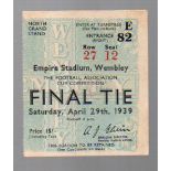 FA Cup Final Football Ticket: Portsmouth v Wolverhampton Wanderers April 29th 1939. Blue ticket, tea