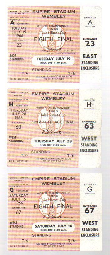 World Cup 1966 Football Tickets: Three unused tickets for England v Mexico, Mexico v Uruguay and