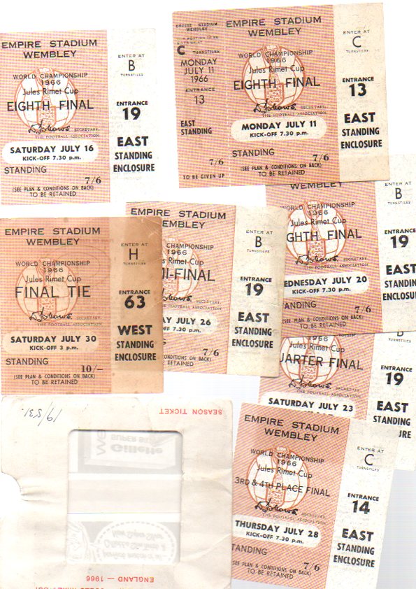 World Cup 1966 Football Tickets: Salmon tickets for matches played at Wembley. Includes Final,