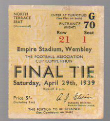 FA Cup Final Football Ticket: Portsmouth v Wolverhampton Wanderers April 29th 1939. Yellow ticket (