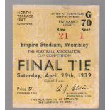 FA Cup Final Football Ticket: Portsmouth v Wolverhampton Wanderers April 29th 1939. Yellow ticket (