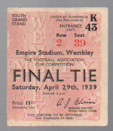 FA Cup Final Football Ticket: Portsmouth v Wolverhampton Wanderers April 29th 1939. Pink ticket (