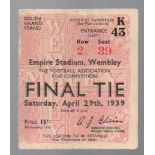 FA Cup Final Football Ticket: Portsmouth v Wolverhampton Wanderers April 29th 1939. Pink ticket (