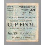 War Cup Final Football Ticket: South final. Chelsea versus Millwall April 7th 1945 (1) Good
