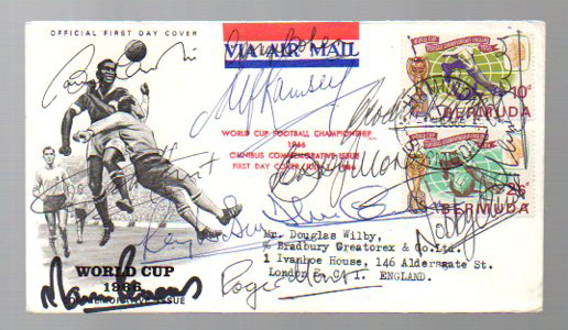 World Cup 1966 Football Item: Signed First Day Cover. Bermuda 1966 commemorative issue signed by