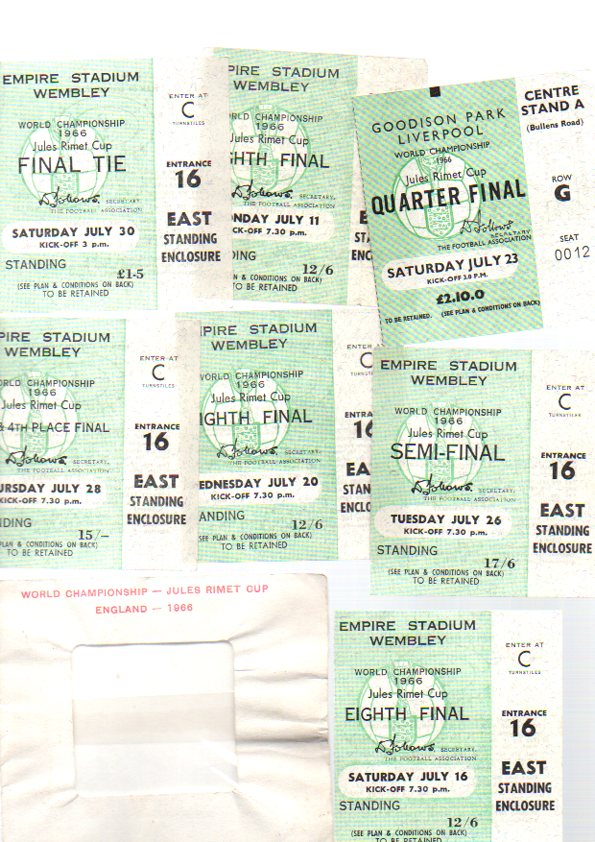 World Cup 1966 Football Tickets: Green tickets for matches played at Wembley. Includes Final, Semi