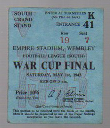 War Cup Final Football Ticket: South Final Arsenal v Charlton Athletic May 1st 1943 (1) Good