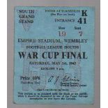 War Cup Final Football Ticket: South Final Arsenal v Charlton Athletic May 1st 1943 (1) Good