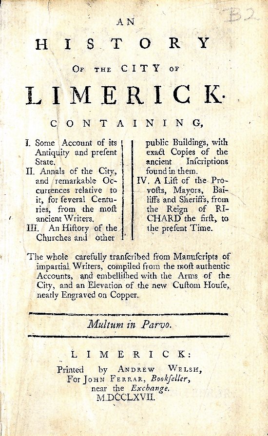 [Ferrar (John)] A History of Limerick, 1