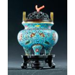 CHINESE CLOISONNE TRIPOD CENSER. Late 19th century. Blue globular body with Buddhist and lotus