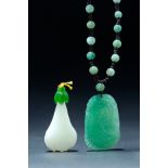 TWO CHINESE JADE AND JADEITE PENDANTS. Nineteenth-20th century. Green ice jadeite and white jade.