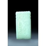 CHINESE JADE CARVED PENDANT. Twentieth century. Rectangular with low relief carving of scholar and