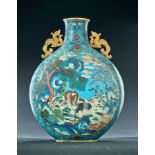 LARGE CHINESE CLOISONNE ENAMEL MOON FLASK. Nineteenth-20th century. Gilt rim, conforming foot and